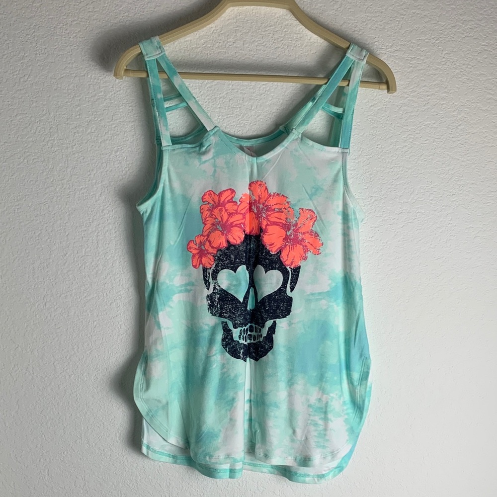 No Boundaries Aqua and Coral Skull Tank Top